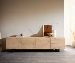 LowboardTereos 220 cm Eiche Natur 3D Effekt 4 Türen Kufe Metall Schwarz Sofort versandfertig