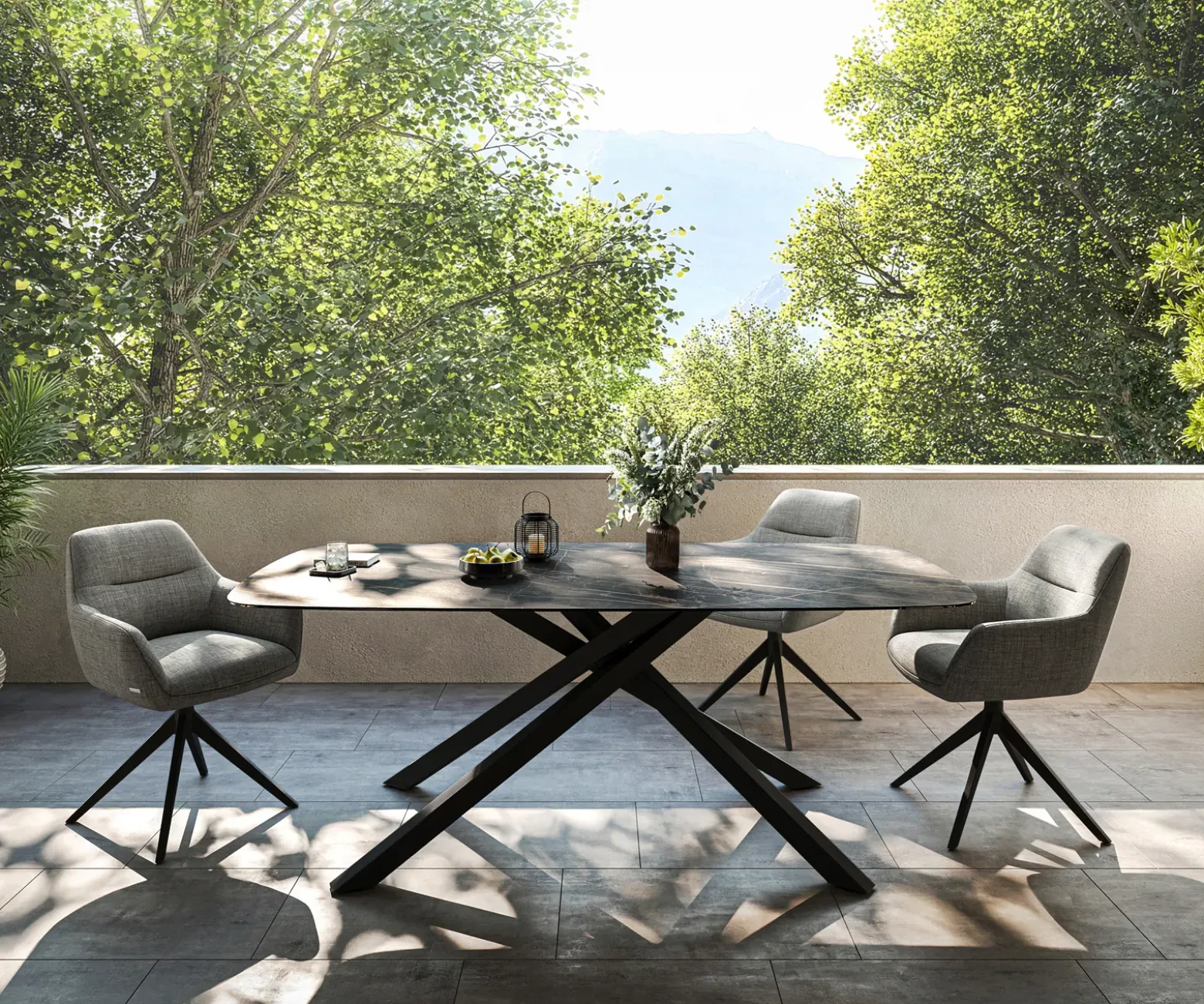 OutdoortischEdge Boot 200x100 cm Keramik Laminam® Noir Desir Braun Kreuzgestell Rechteck Schwarz Sofort versandfertig