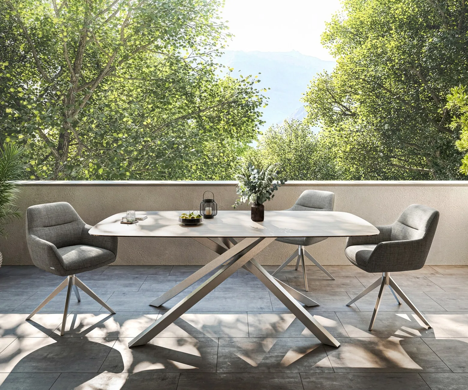 OutdoortischEdge Boot 200x100 cm Keramik Laminam® Travertino Bianco Creme-Weiß Kreuzgestell Rechteck Edelstahl Versandfertig ca. 17.08.26