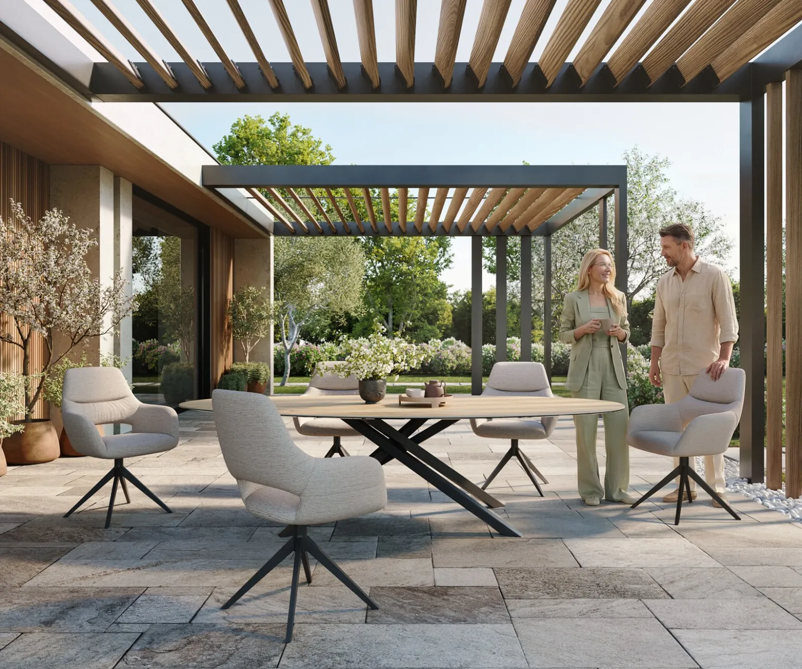 OutdoortischEdge Oval 280x130 cm Keramik Laminam® Sabbia Eichefarbig Kreuzgestell Rechteck Schwarz Sofort versandfertig