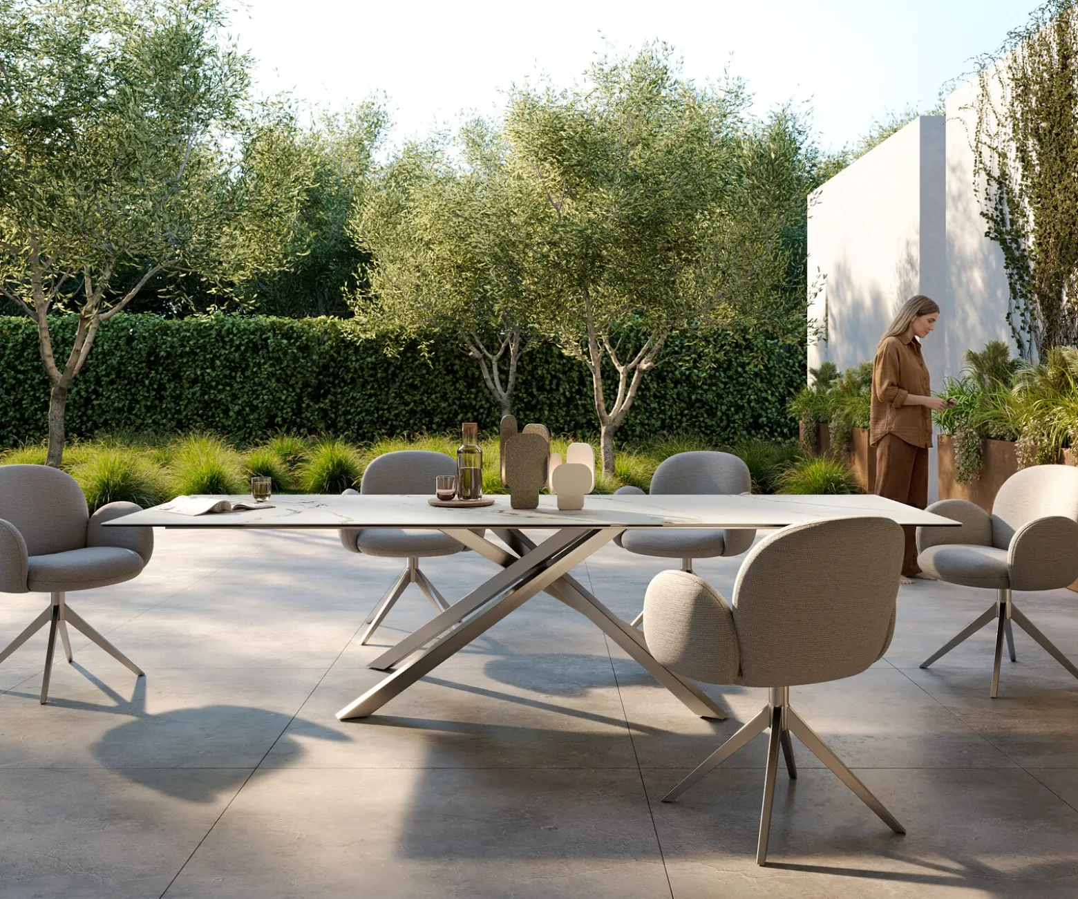 OutdoortischEdge 300x100 cm Keramik Calacatta Luxe Weiß-Gold-Grau Kreuzgestell Rechteck Edelstahl Versandfertig ca. 17.08.26