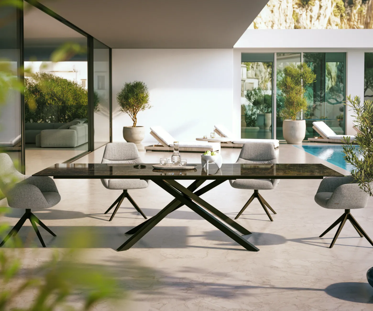 OutdoortischEdge 300x100 cm Keramik Emperador Extra Lucidato Dunkelbraun Kreuzgestell Rechteck Schwarz Sofort versandfertig
