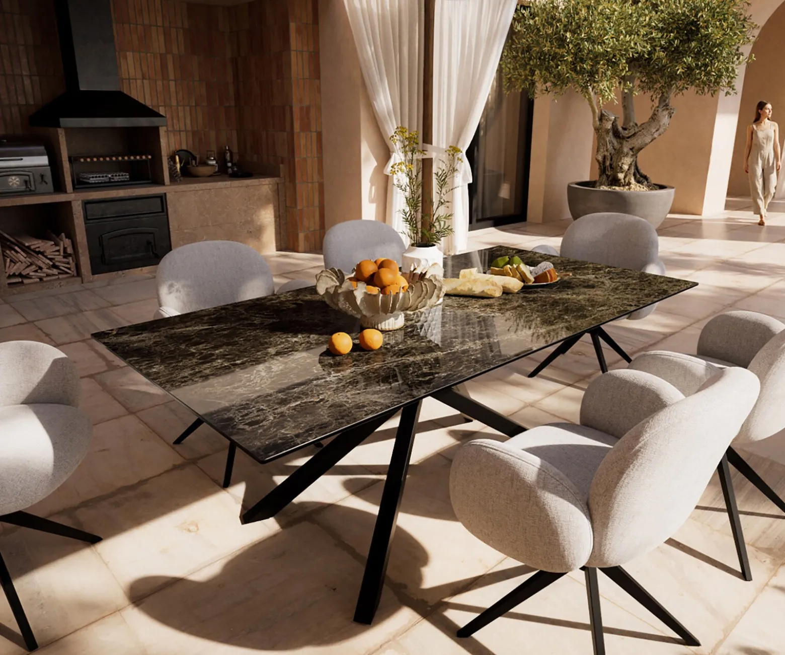 OutdoortischEdge 200x100 cm Keramik Emperador Extra Lucidato Dunkelbraun Kreuzgestell Rechteck Schwarz Sofort versandfertig