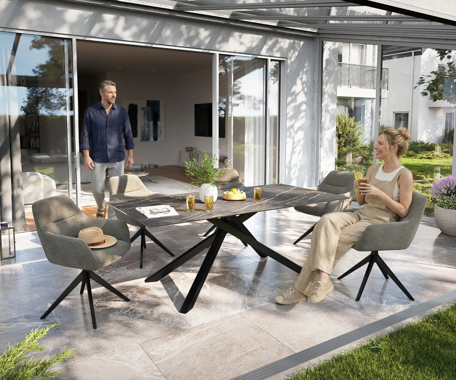 OutdoortischEdge 200x100 cm Keramik Laminam® Noir Desir Braun Kreuzgestell Rechteck Schwarz Sofort versandfertig
