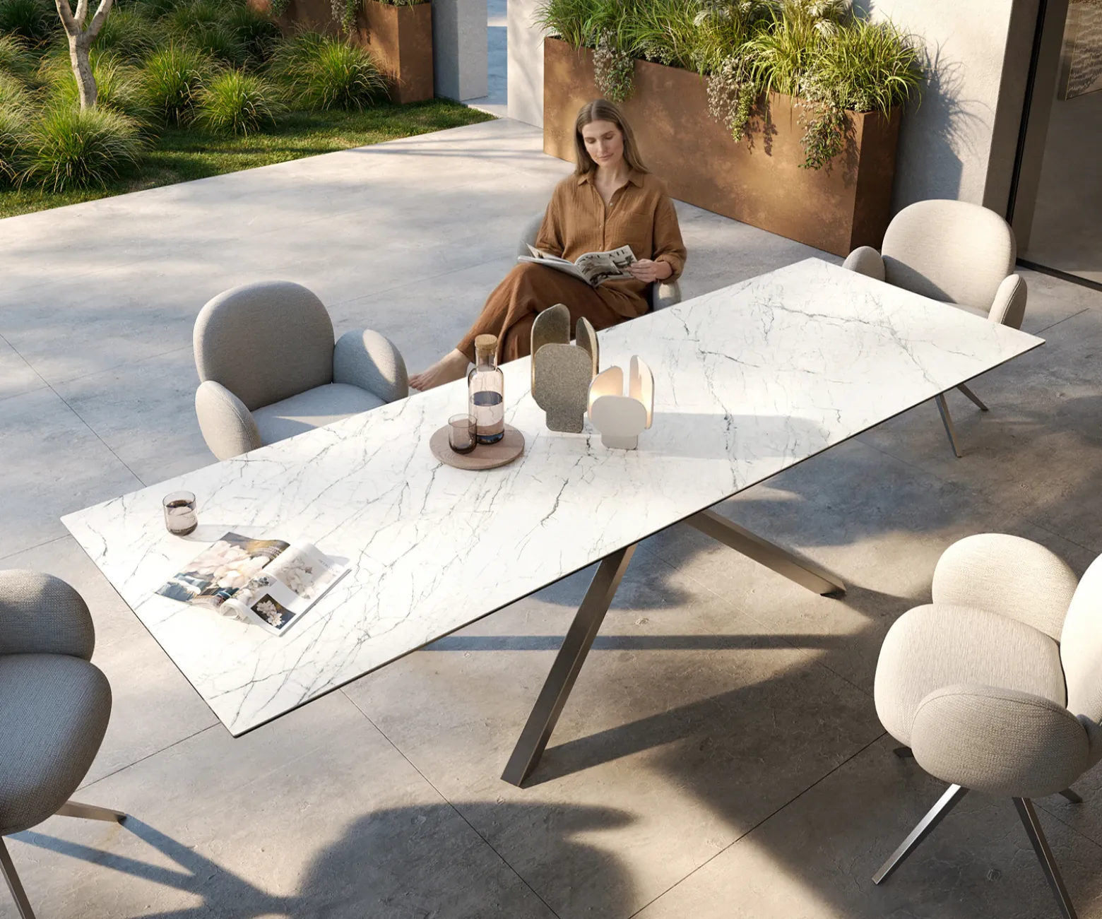OutdoortischEdge 300x100 cm Keramik Laminam® Statuarietto Weiß Kreuzgestell Rechteck Edelstahl Versandfertig ca. 17.08.26