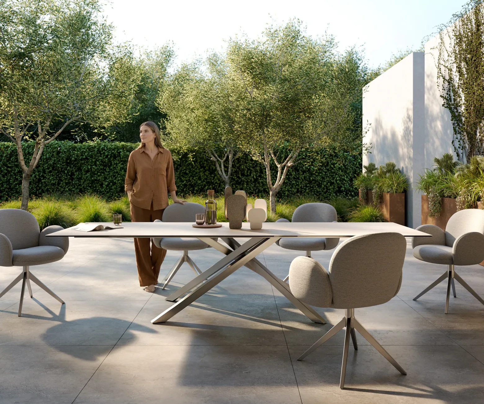 OutdoortischEdge 300x100 cm Keramik Laminam® Travertino Bianco Creme-Weiß Kreuzgestell Rechteck Edelstahl Versandfertig ca. 17.08.26