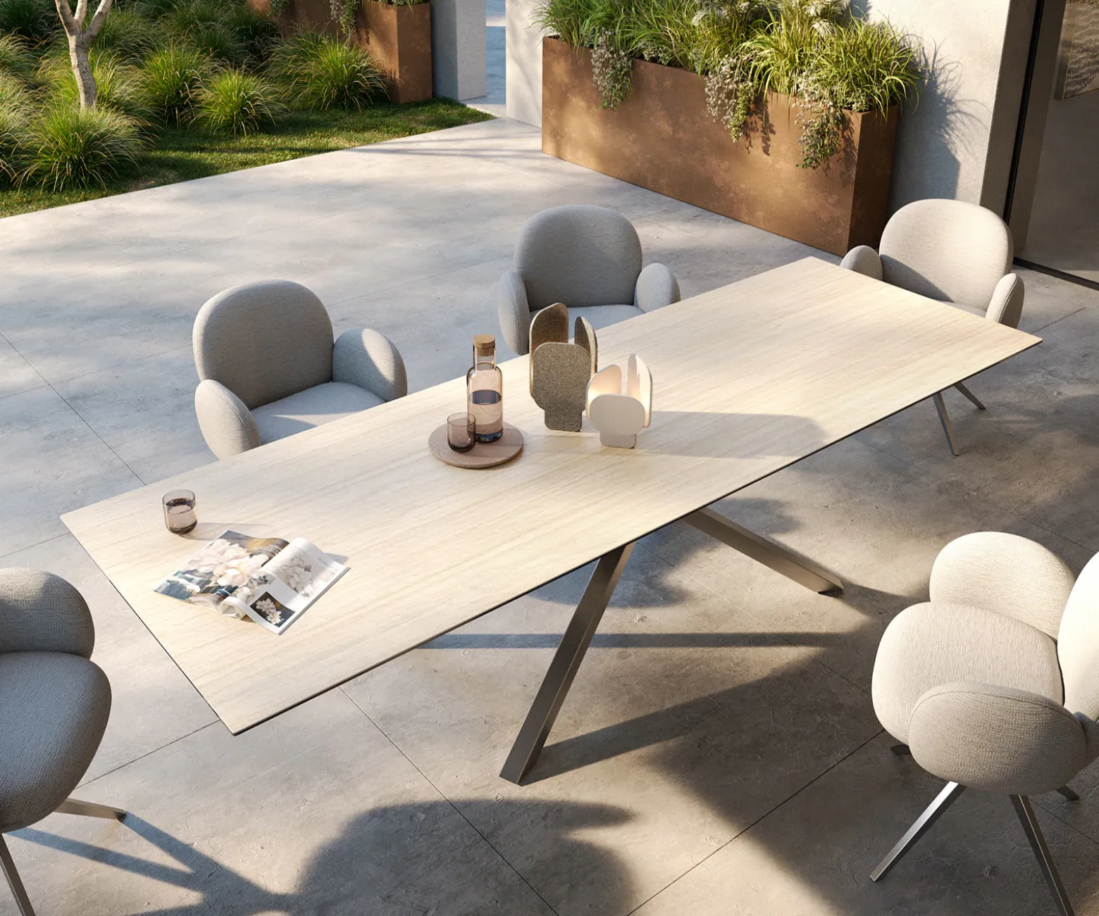 OutdoortischEdge 300x100 cm Keramik Laminam® Travertino Bianco Creme-Weiß Kreuzgestell Rechteck Edelstahl Versandfertig ca. 17.08.26