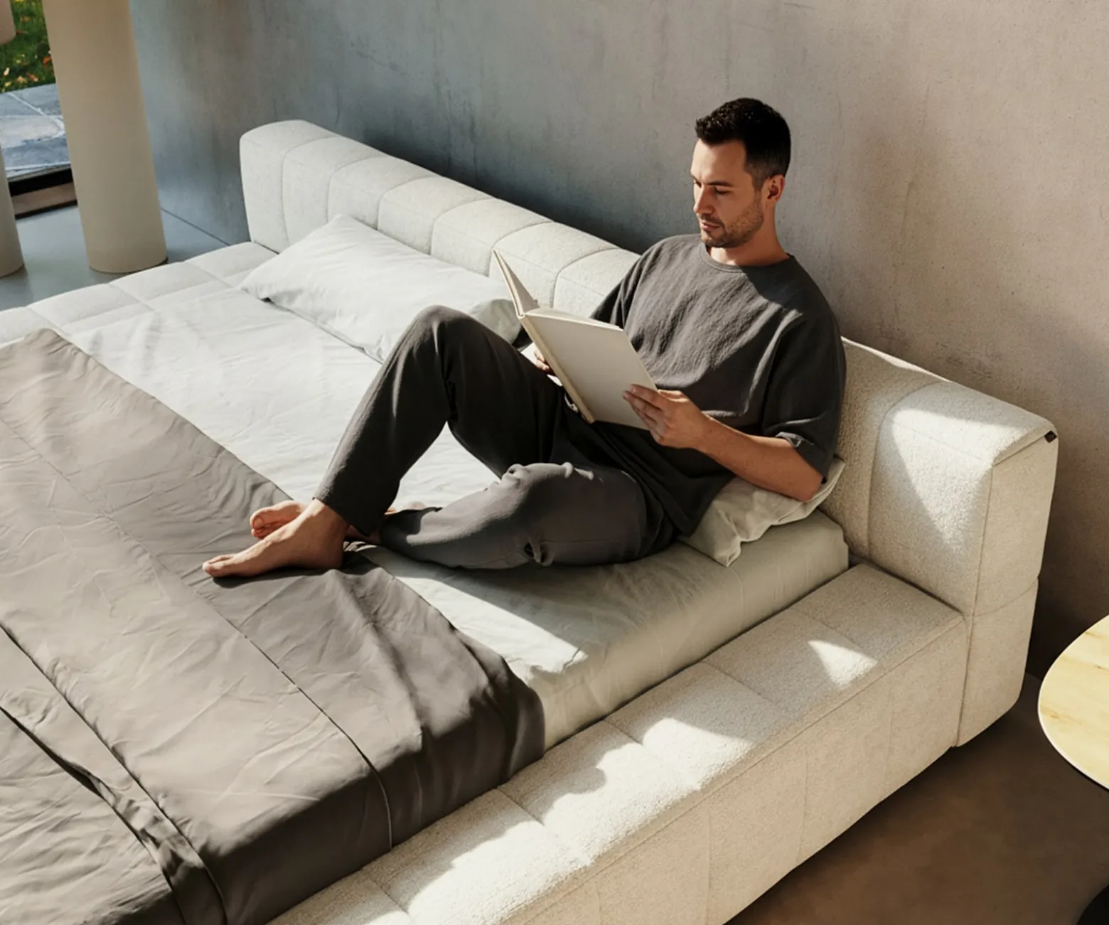 PolsterbettgestellEspazio 180x200 cm Bouclé Soft Beige mit Stauraum Sofort versandfertig