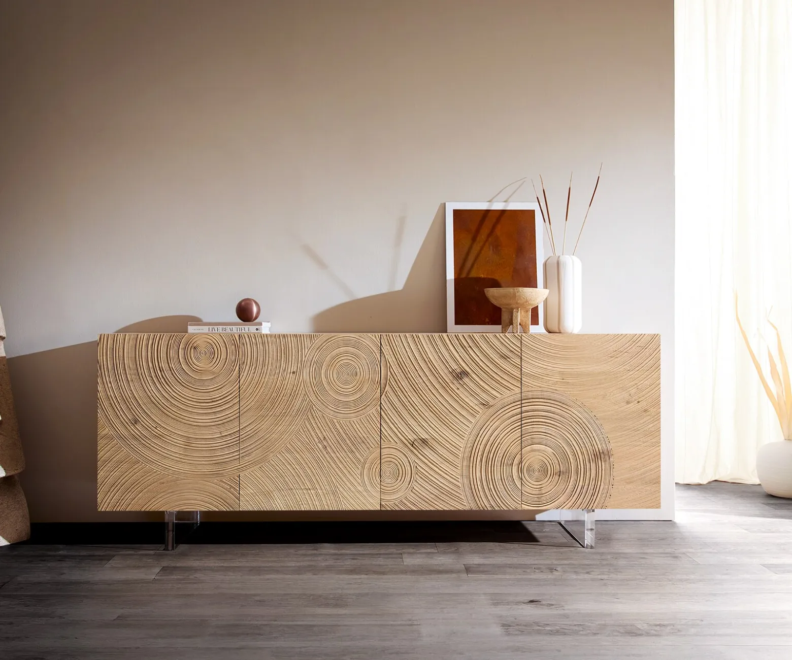 SideboardAshara 200 cm Eiche Natur 3D Effekt 4 Türen Fuß Schwebeoptik Acrylglas Sofort versandfertig