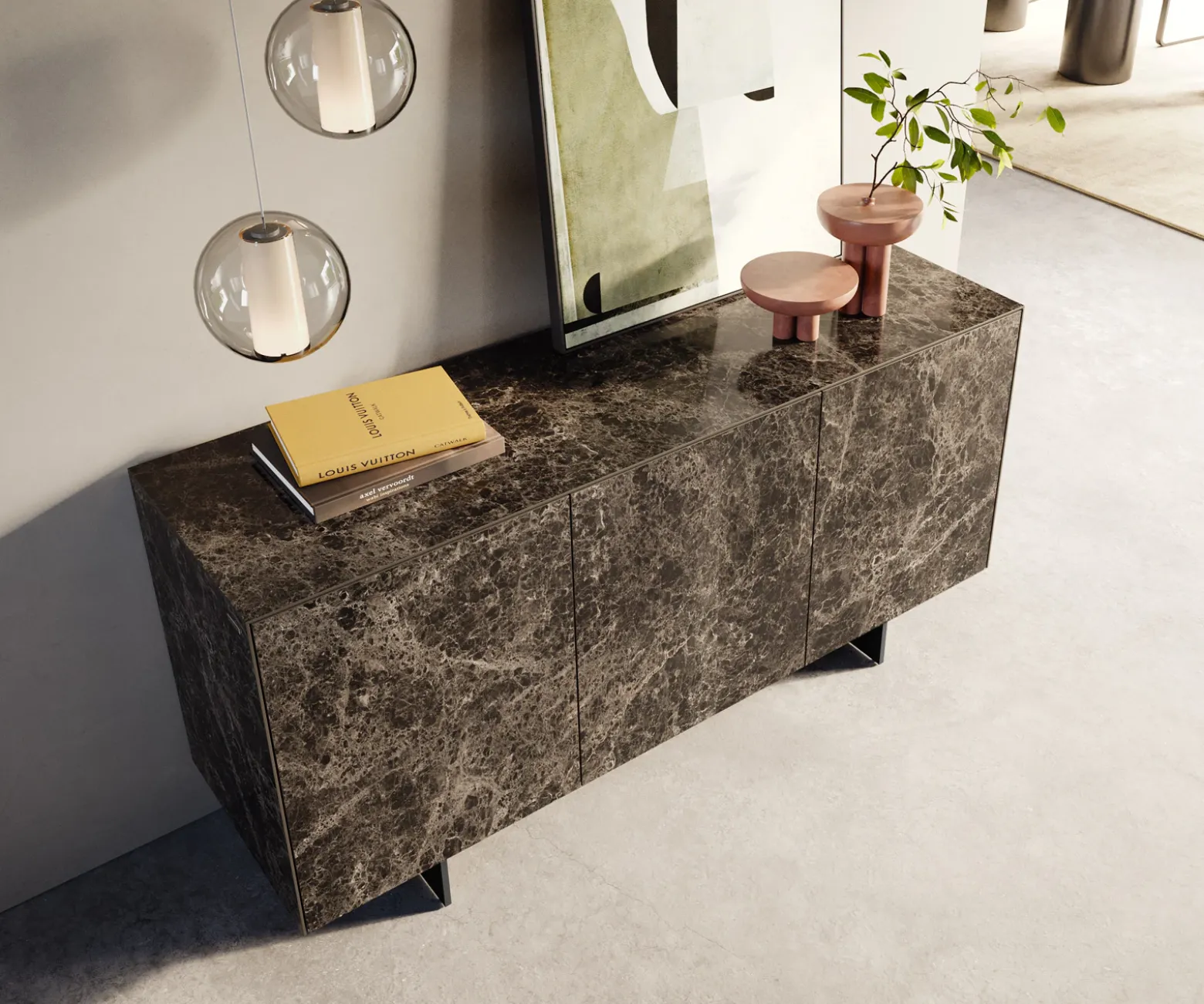 SideboardCuor 150 cm Keramik Emperador Extra Lucidato Dunkelbraun 3 Türen Fuß Schwebeoptik Metall Schwarz Sofort versandfertig