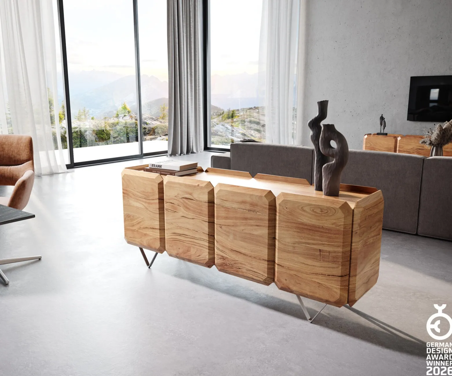 SideboardKiano 175 cm Akazie Natur 4 Türen V-Fuß Edelstahl Raumteiler Sofort versandfertig