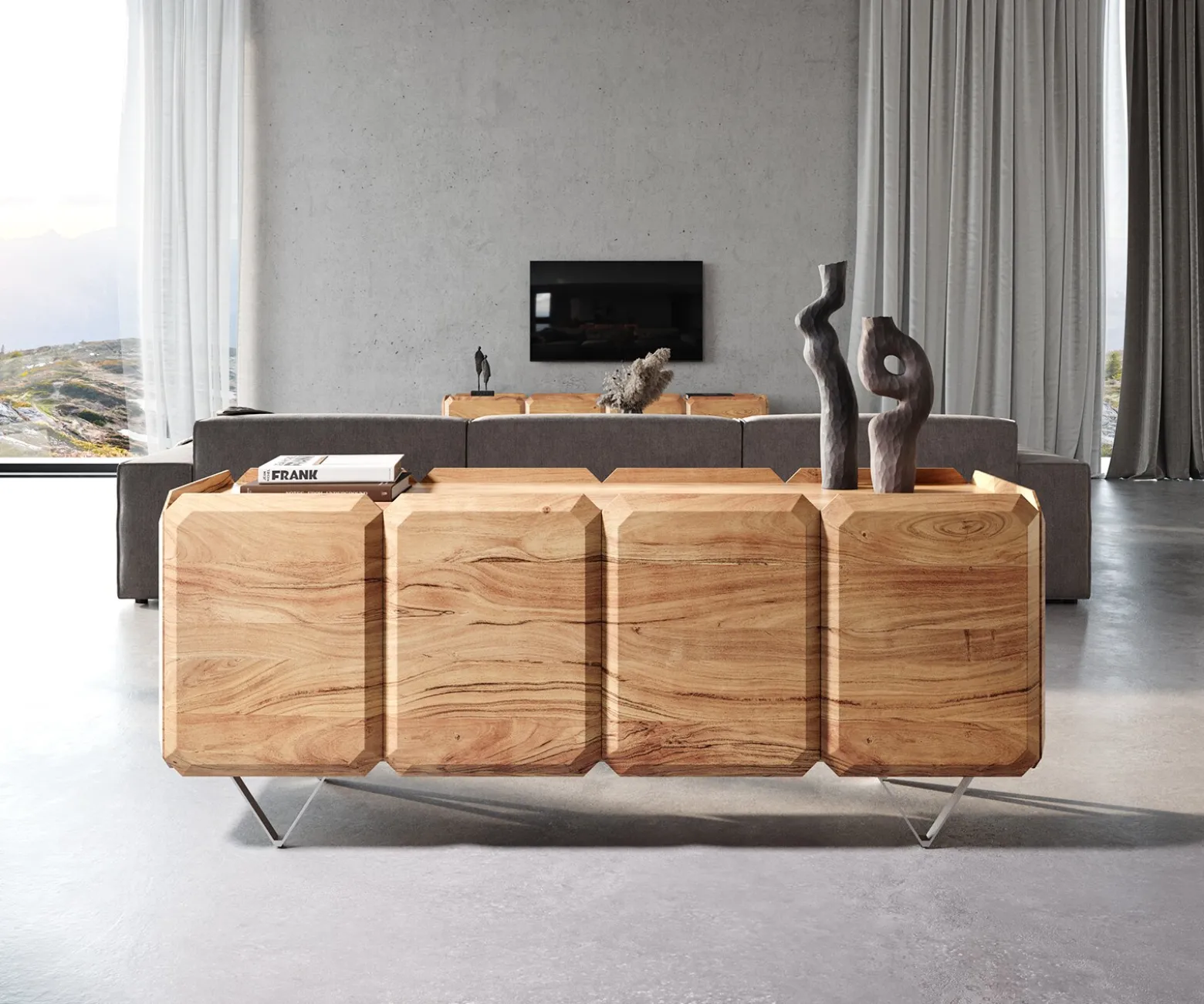 SideboardKiano 175 cm Akazie Natur 4 Türen V-Fuß Edelstahl Raumteiler Sofort versandfertig