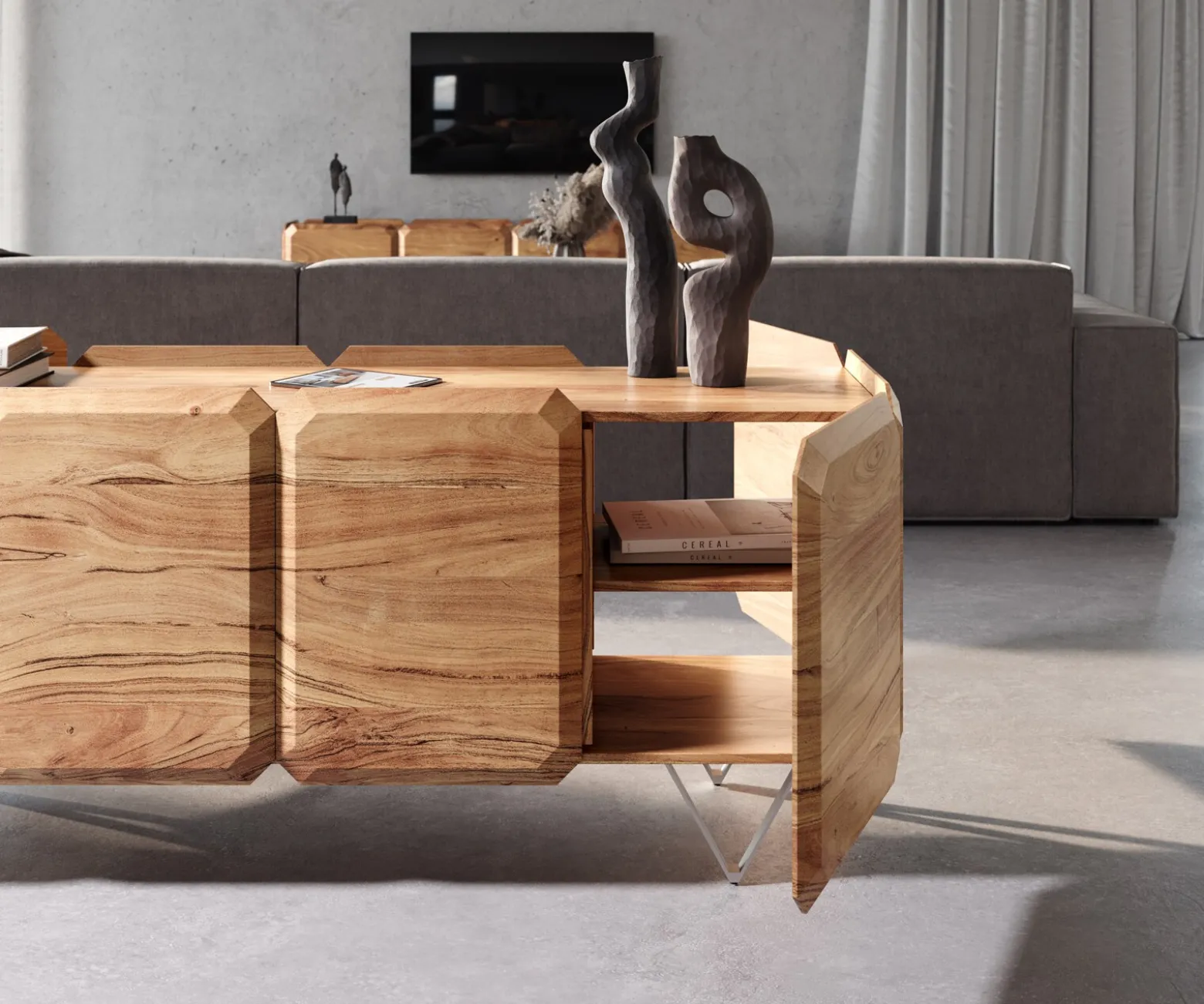 SideboardKiano 175 cm Akazie Natur 4 Türen V-Fuß Edelstahl Raumteiler Sofort versandfertig