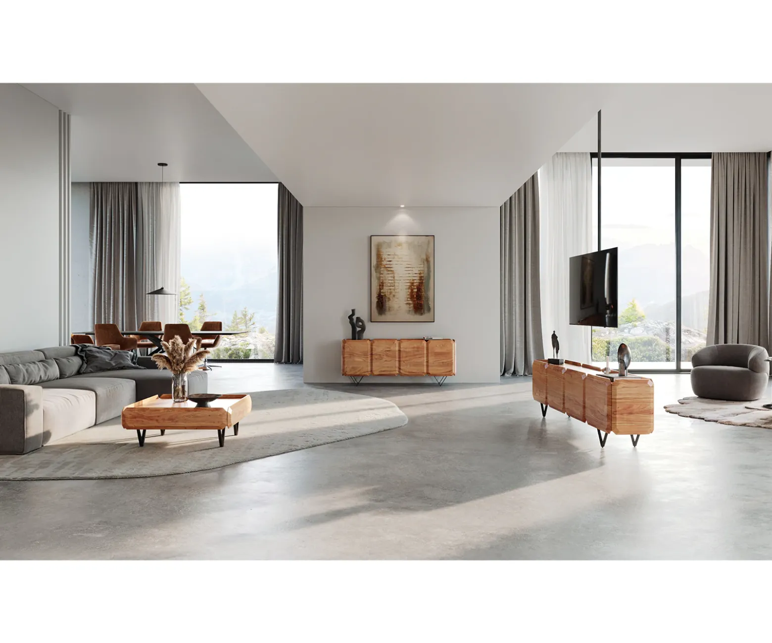 SideboardKiano 175 cm Akazie Natur 4 Türen V-Fuß Edelstahl Raumteiler Sofort versandfertig