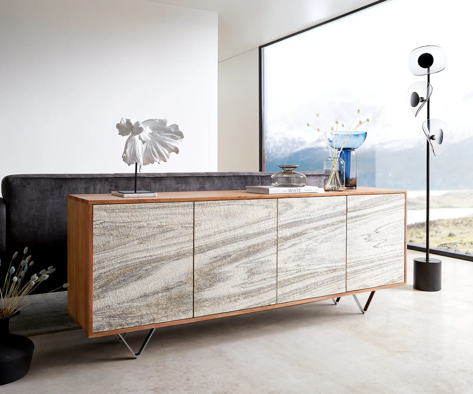 SideboardKleo 175 cm Akazie Natur 4 Türen V-Fuß Edelstahl Sofort versandfertig
