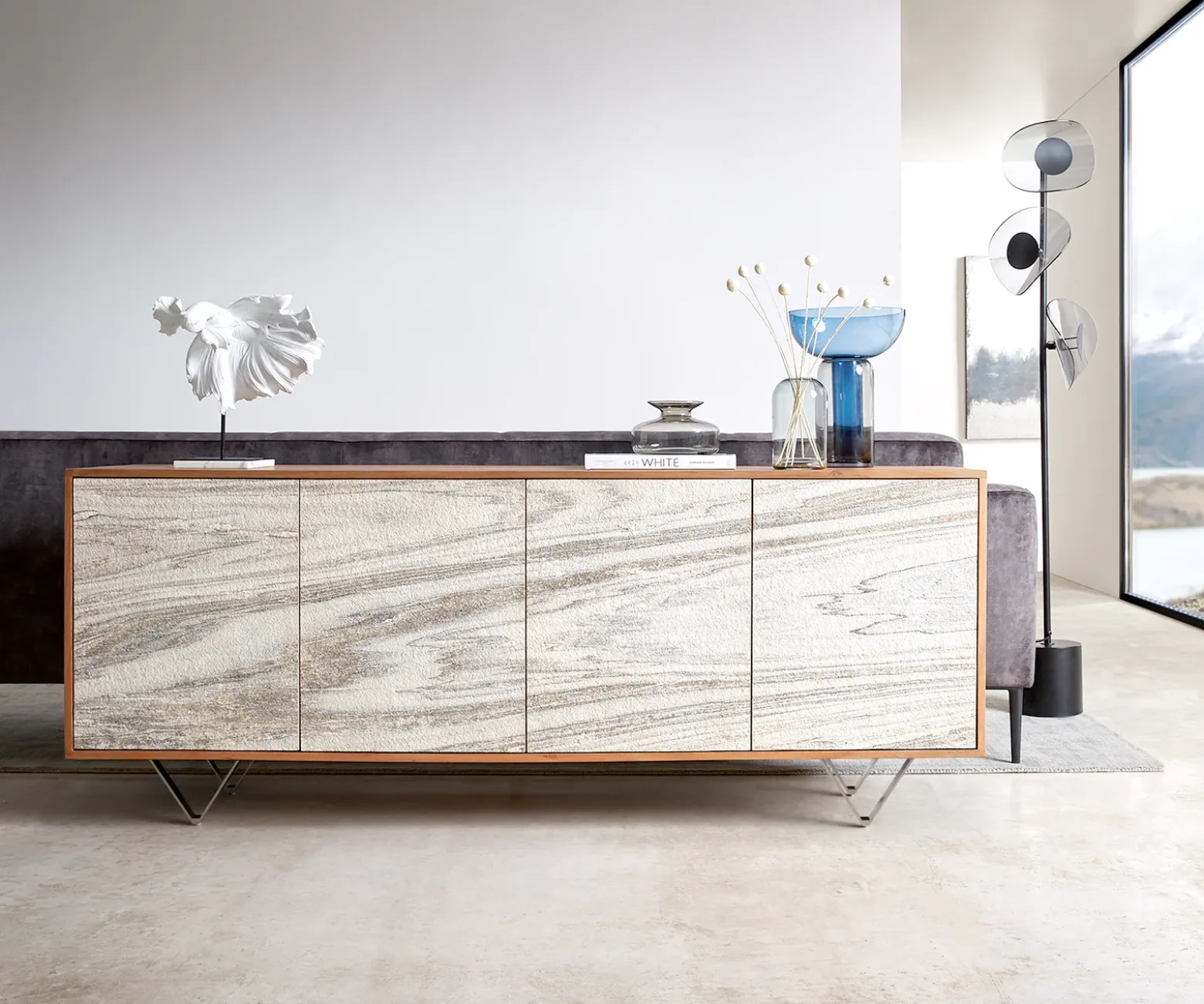 SideboardKleo 175 cm Akazie Natur 4 Türen V-Fuß Edelstahl Sofort versandfertig