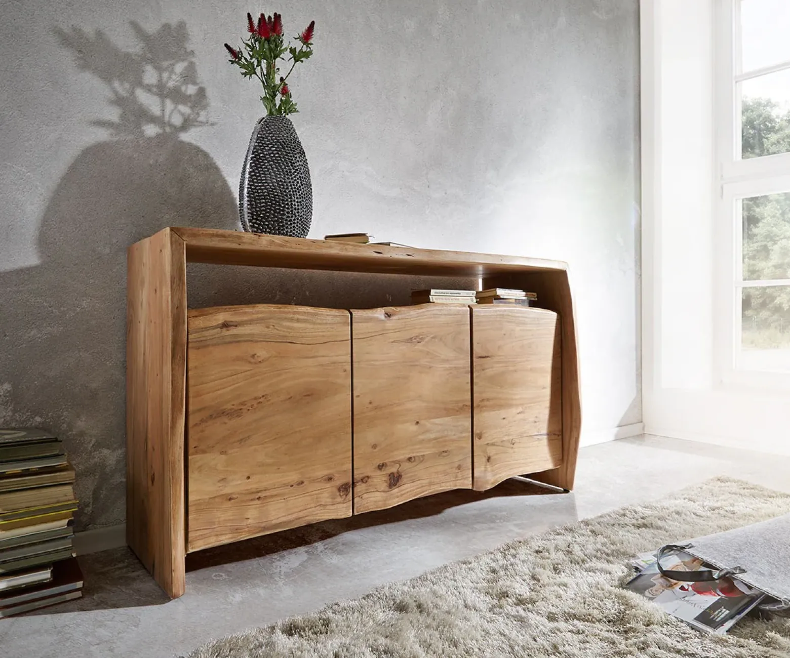 SideboardLive-Edge 145 cm Akazie Natur 3 Türen Sofort versandfertig
