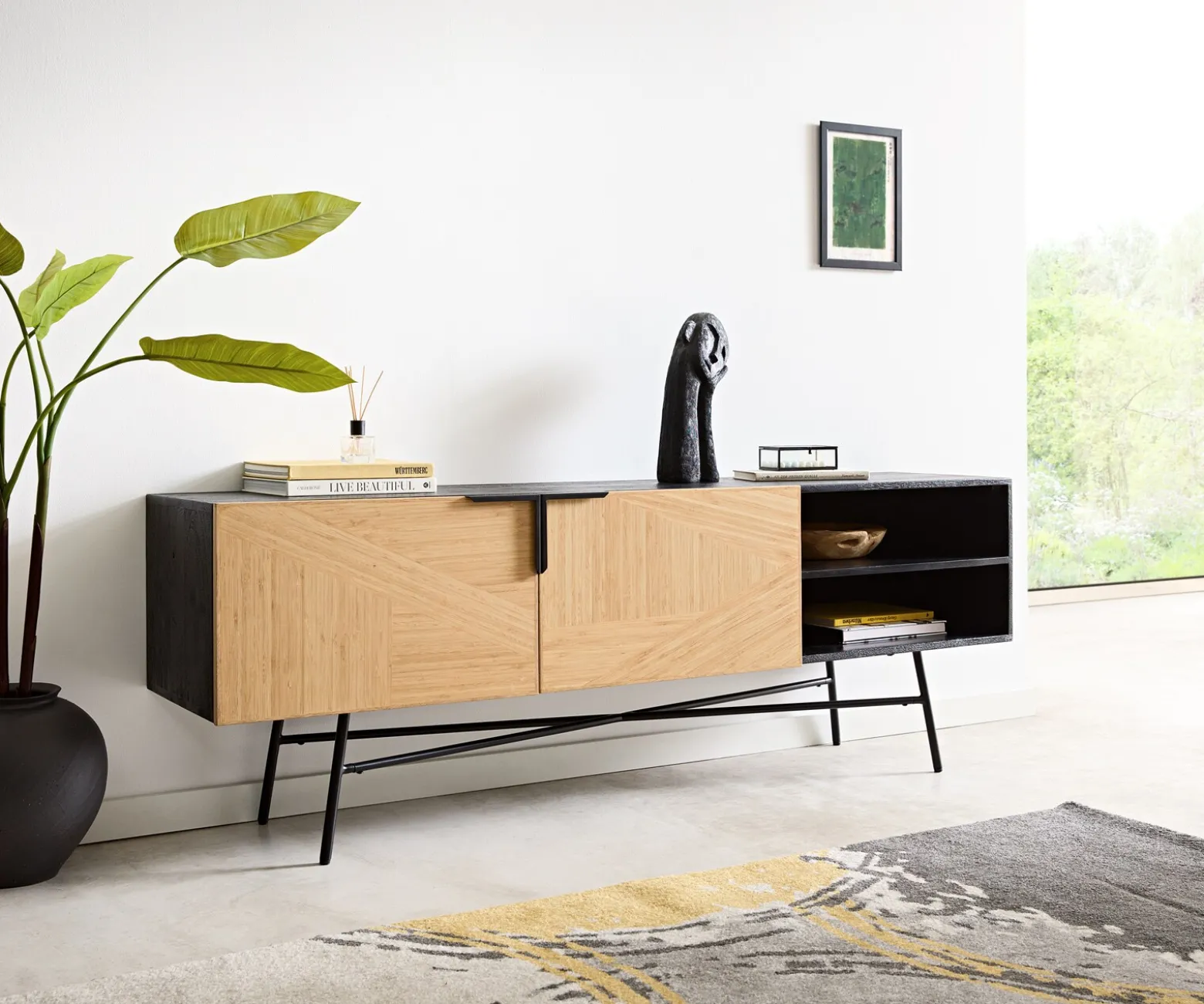 SideboardMikkusu 175 cm Bambus Natur Mango Schwarz 2 Türen 2 Fächer Metall Schwarz Versandfertig ca. 06.11.26