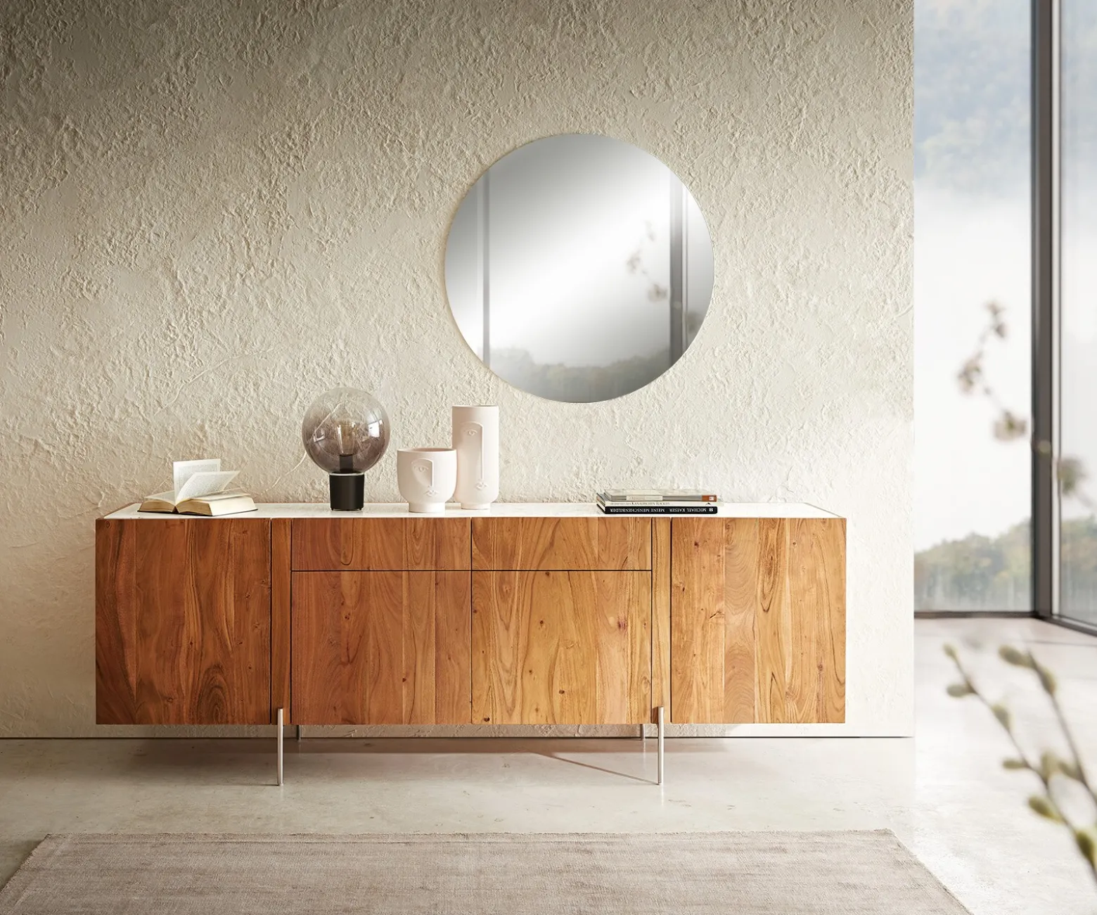 SideboardSecara 200 cm Akazie Natur 4 Türen 2 Schübe Marmor Füße Edelstahl Versandfertig ca. 25.11.26