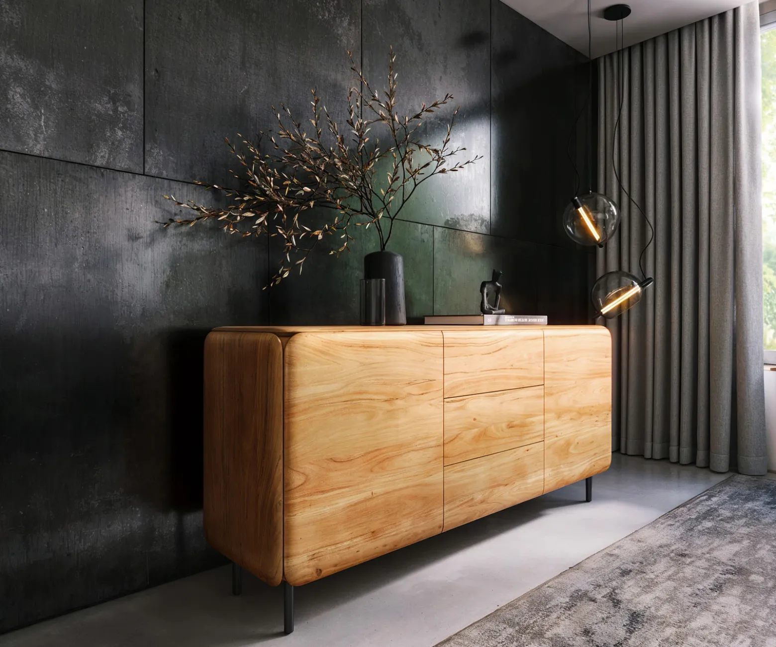 SideboardShavani 175 cm Akazie Natur 2 Türen 3 Schubladen Rundfuß Metall Schwarz Versandfertig ca. 07.11.26