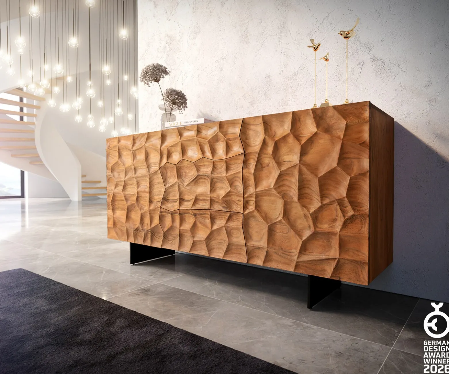 SideboardSolu 175 cm Akazie Natur 2 Türen 3 Schübe Fuß schwebend Metall Schwarz 3D-Front Versandfertig ca. 25.08.26