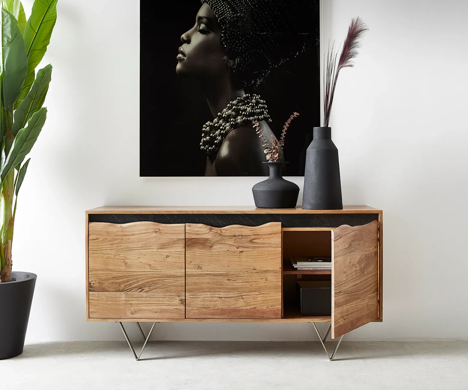 SideboardStonegrace 147x45 cm Akazie Natur 3 Türen Baumkante Sofort versandfertig