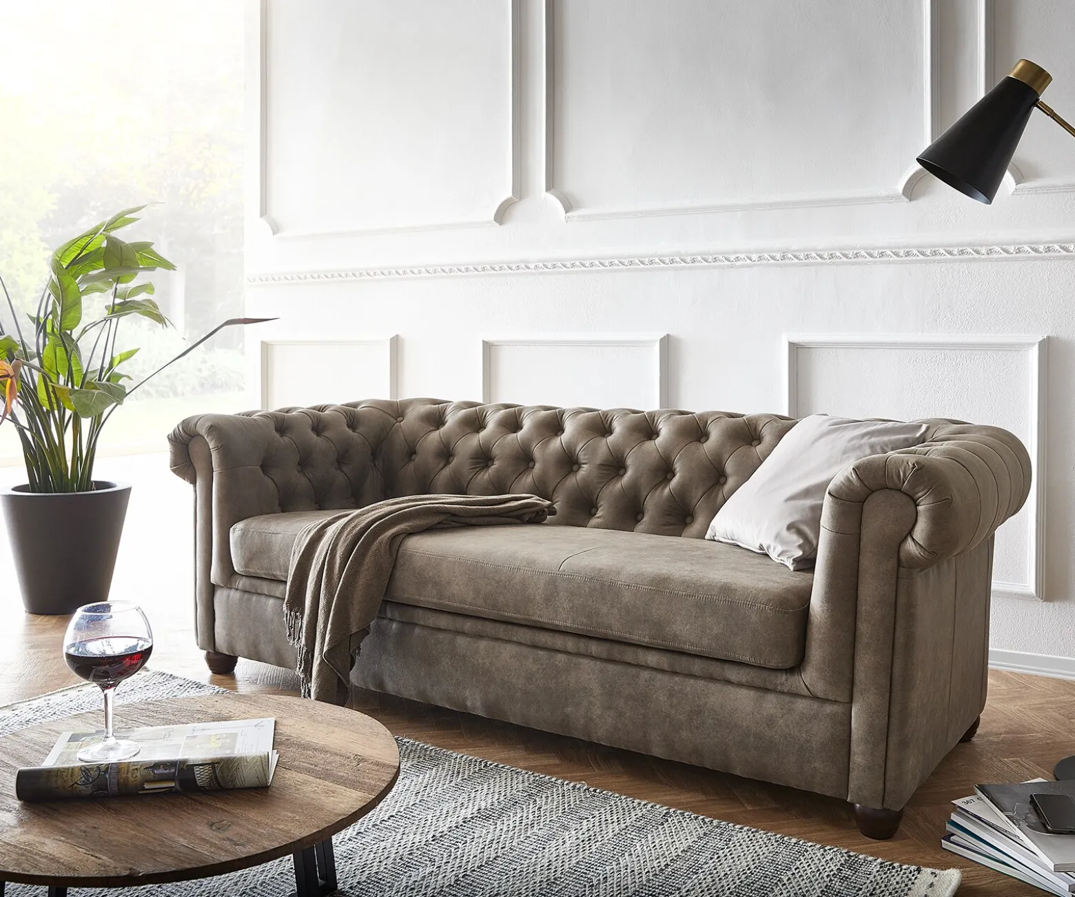 SofaChesterfield 3-Sitzer 200x88 cm Vintage Taupe Couch Sofort versandfertig