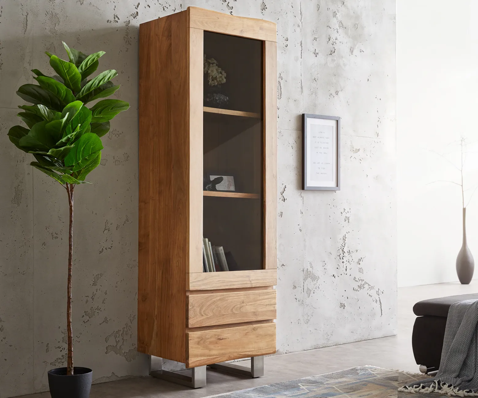 VitrineLive-Edge 60x190 cm Akazie Natur Baumkante 1 Tür 2 Schubladen Massiv Sofort versandfertig