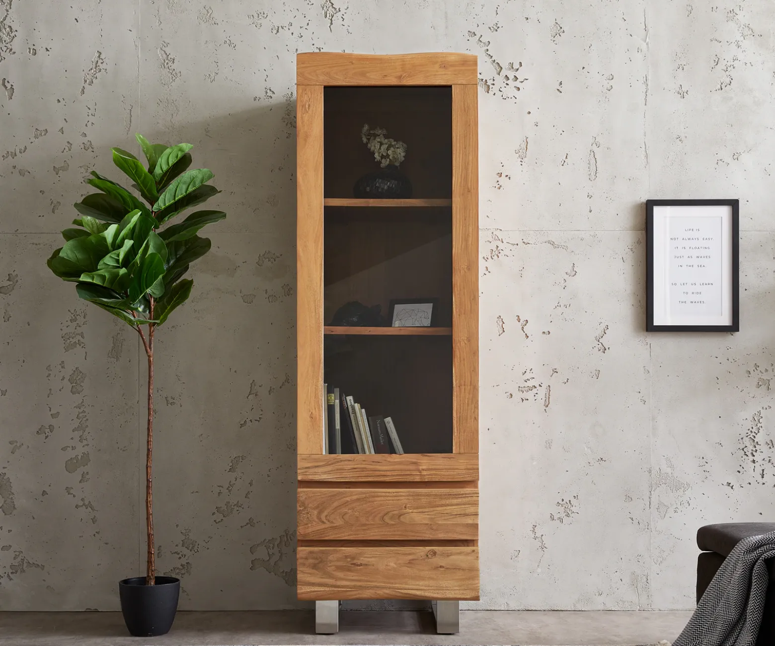 VitrineLive-Edge 60x190 cm Akazie Natur Baumkante 1 Tür 2 Schubladen Massiv Sofort versandfertig